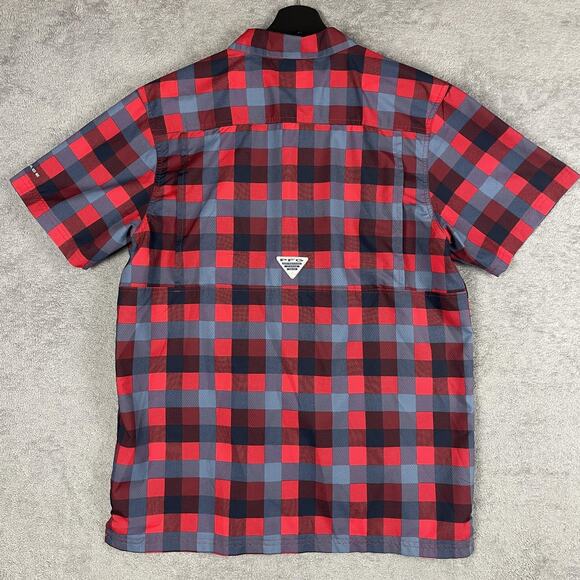 Columbia PFG Shirt Mens Medium Red Blue Plaid Short Sleeve Omni-Shade Fishing - Picture 5 of 13